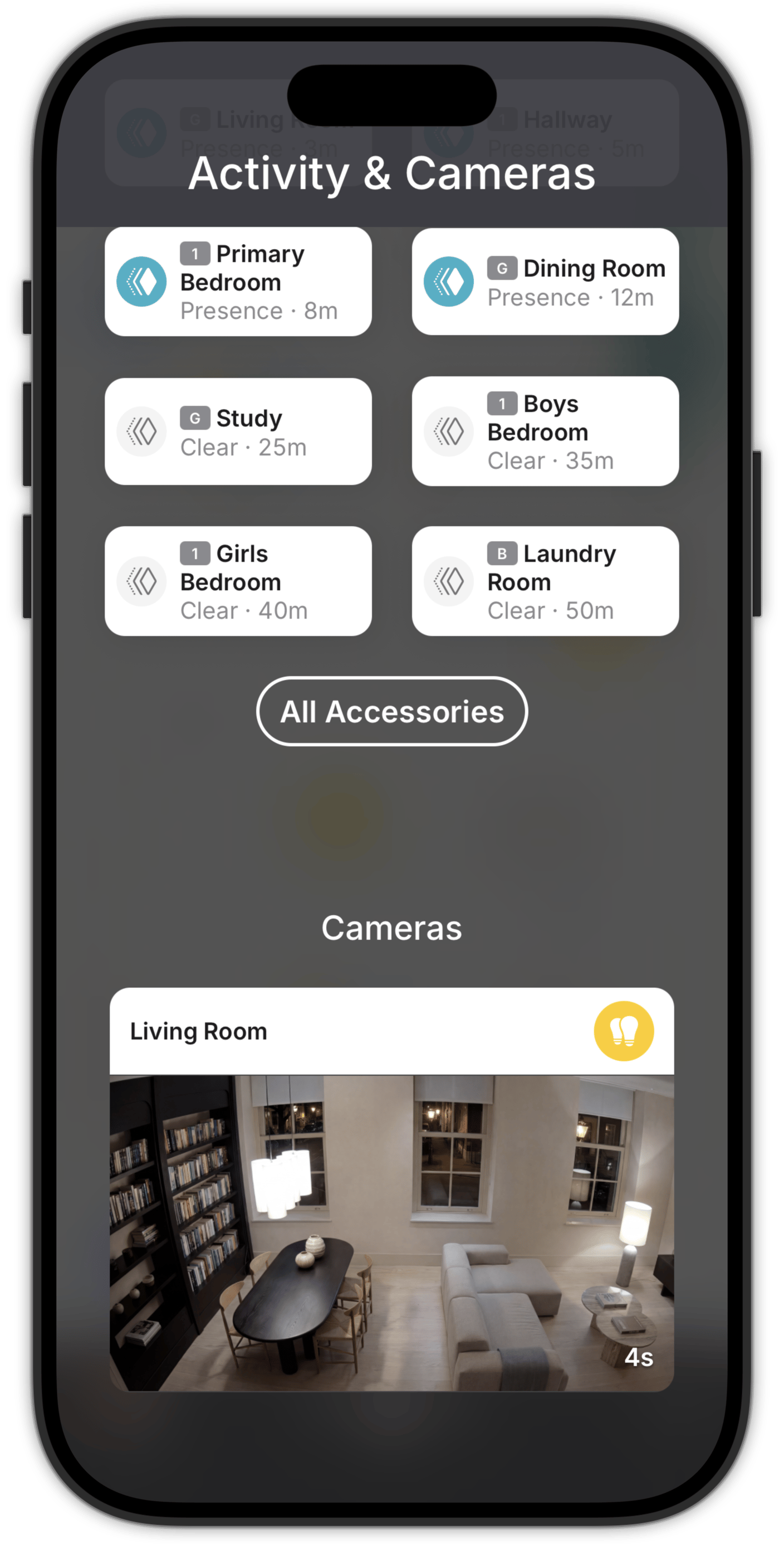 Live security camera feeds in the Activity & Cameras view.